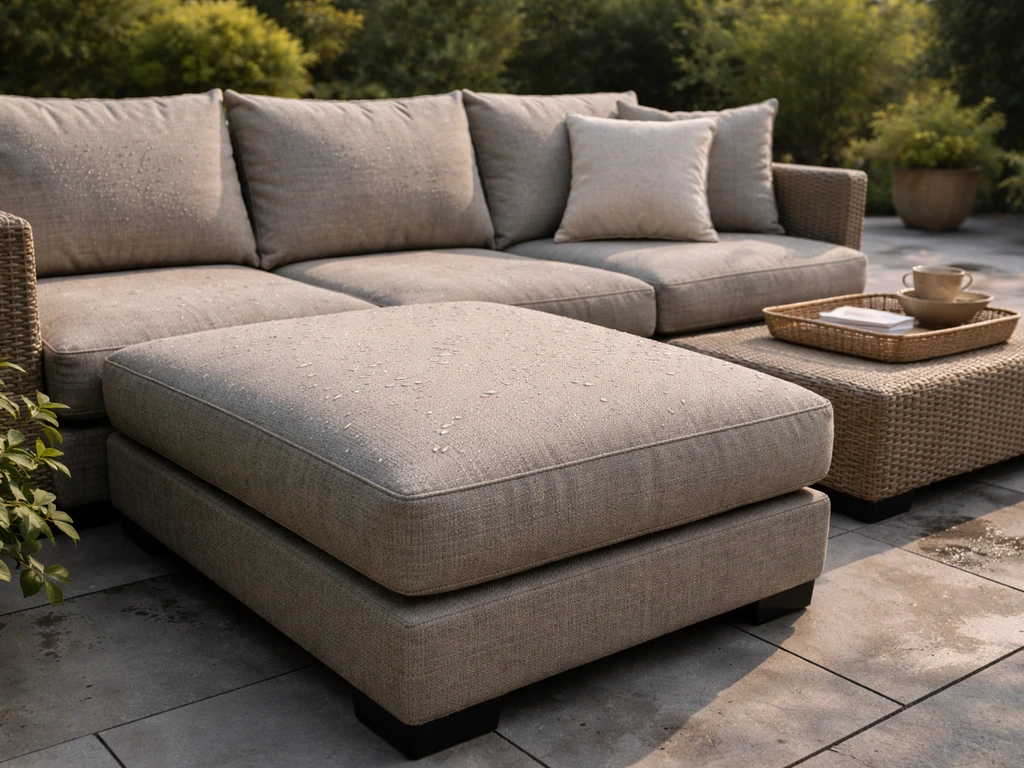 Outdoor chaise lounge sectional with thick, plush cushions showing slight water droplets.