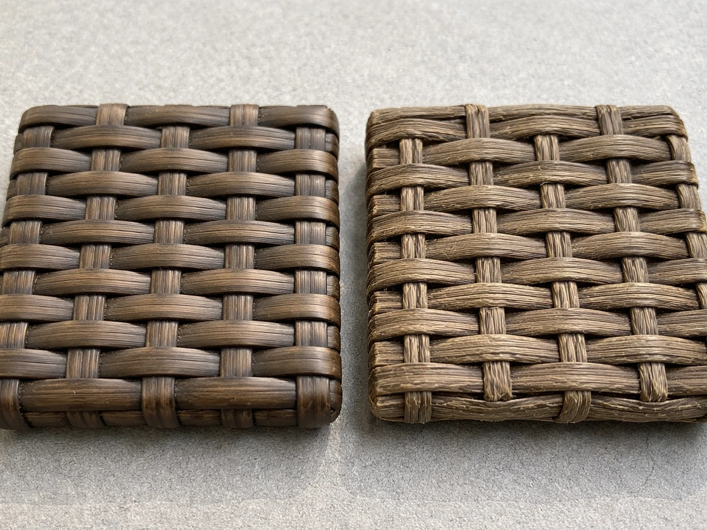 Close-up of two wicker weave sections: dense UV-stable HDPE resin fiber vs less resilient strands.