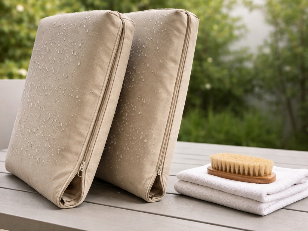 Outdoor cushions propped upright to drain with zippers open and a soft brush nearby