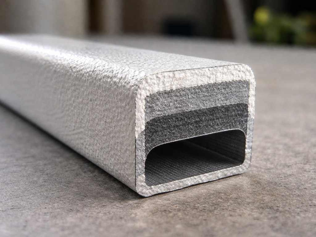 Close-up cross-section of powder-coated metal showing primer and topcoat layers with visible thickness