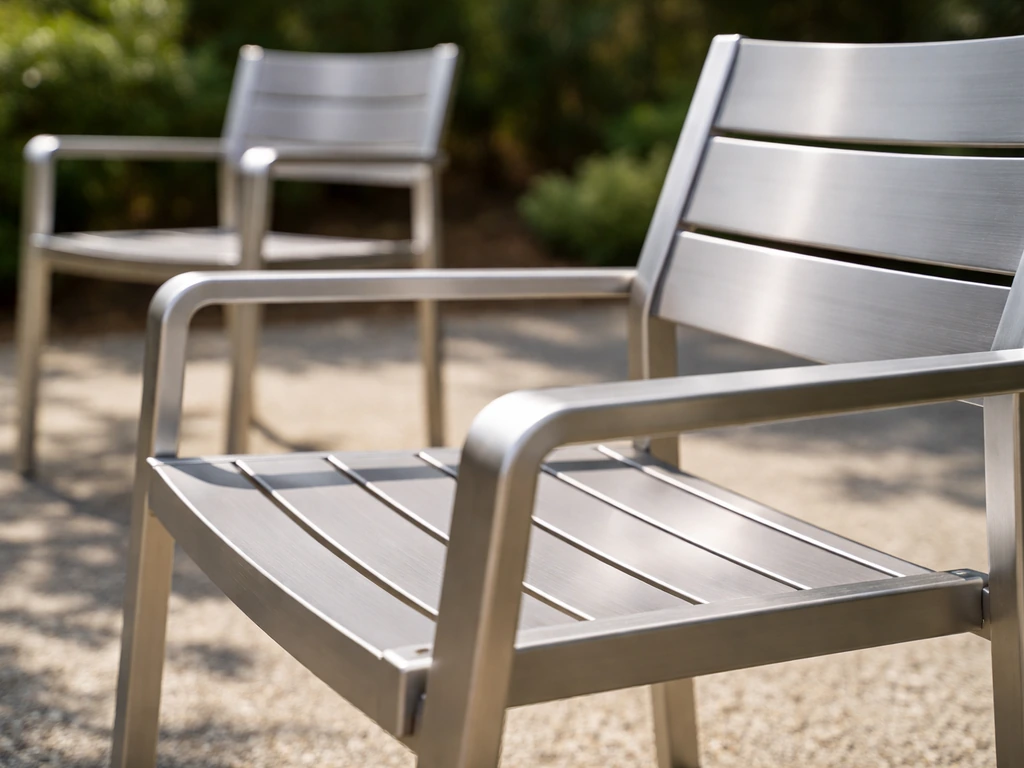 Close-up of lightweight metal patio chairs outdoors, emphasizing aluminum’s easy-to-move feel.