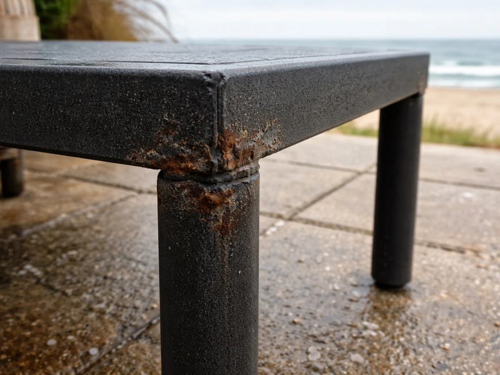 Weathered patio metal furniture with blistered, peeling coating near a salty shoreline.