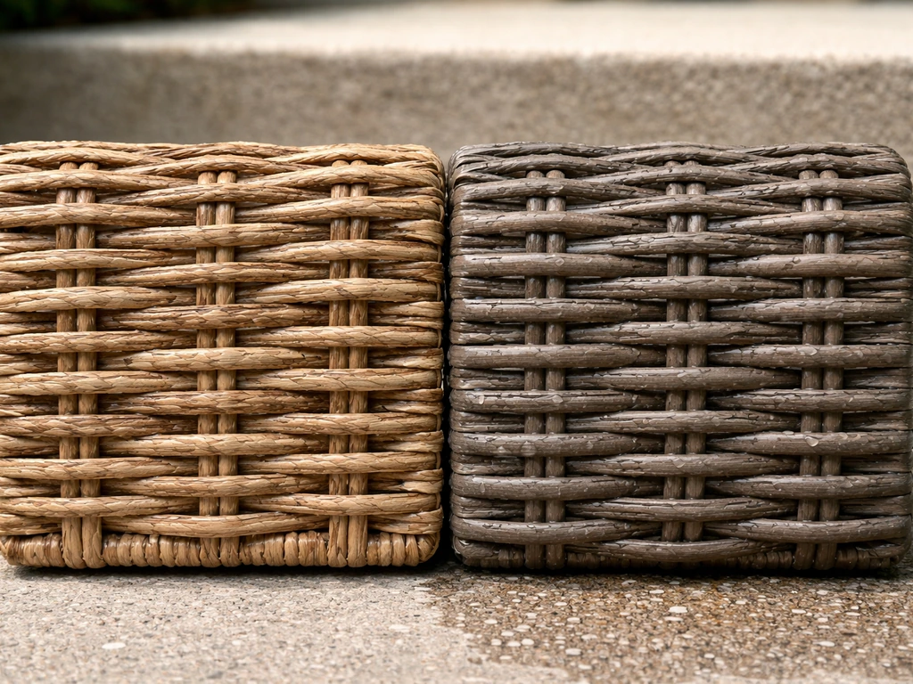 Close-up of natural rattan/seagrass and synthetic all-weather woven wicker on an outdoor patio.