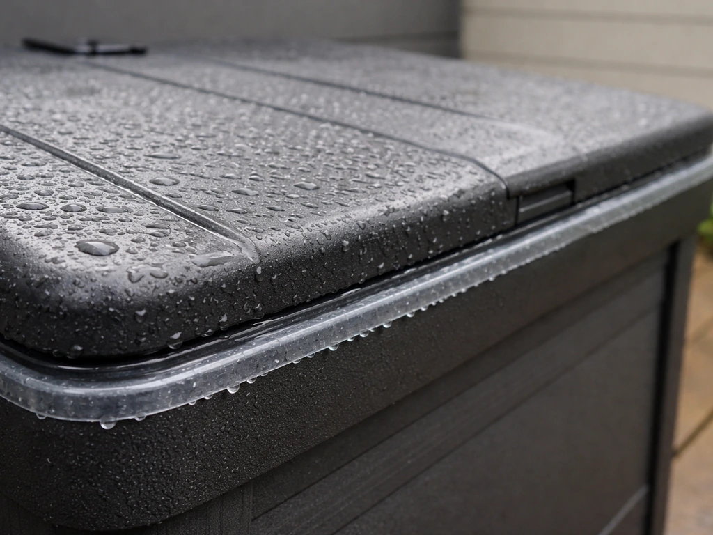Close-up of a swing-top patio lid sealed over an opening with rain beading along the edge