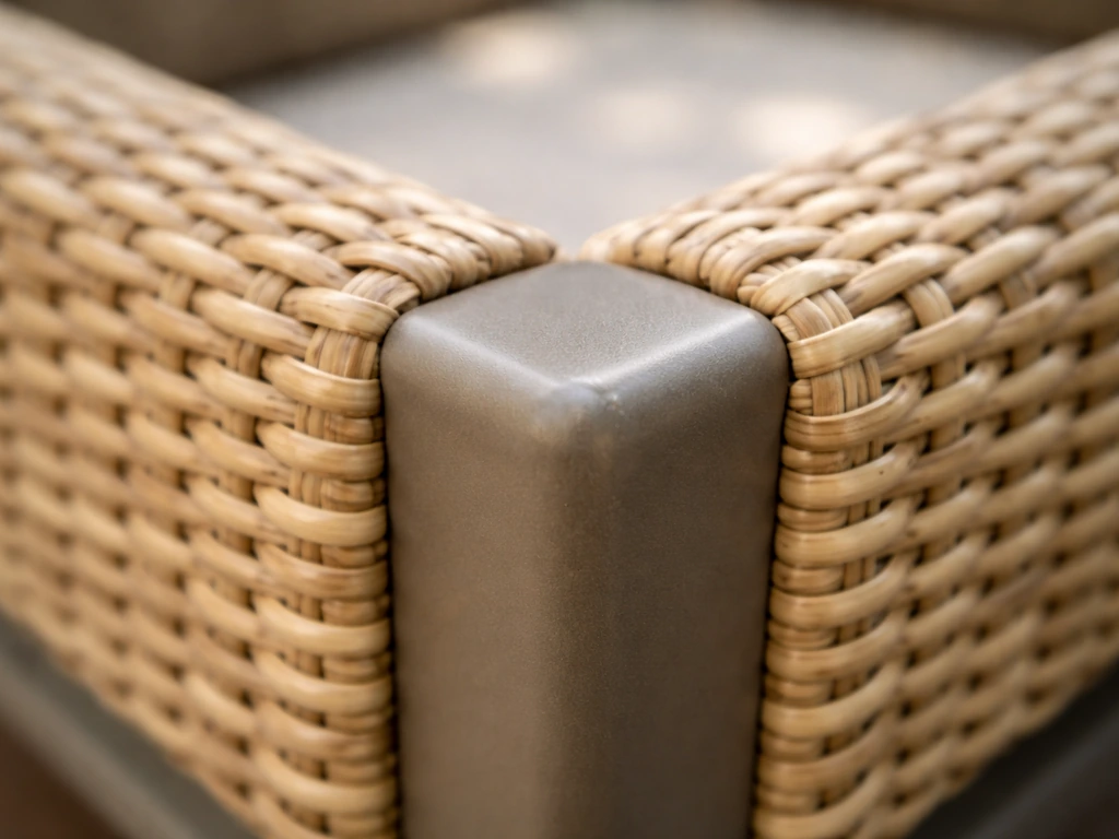 Close-up of a fully welded, powder-coated aluminum frame with wicker weave wrapped around it.