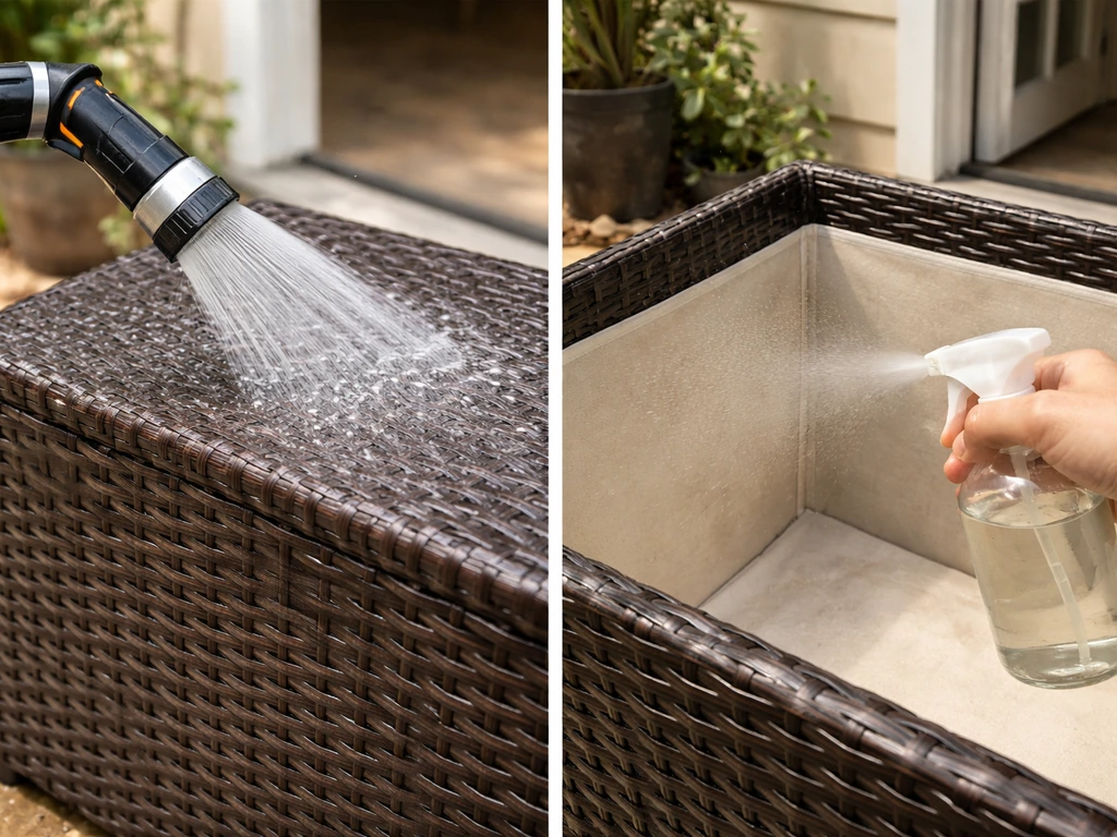 HDPE resin wicker outdoor furniture being rinsed with a hose, then air-drying in a simple interior.