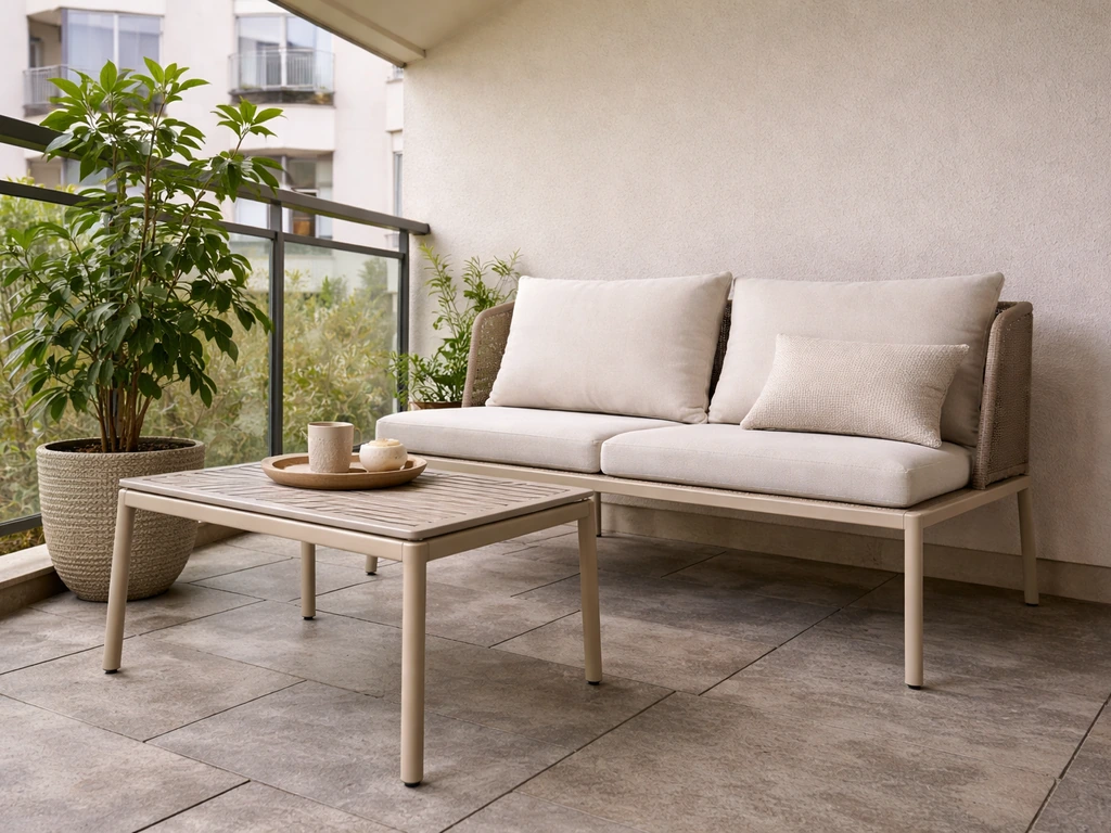 IKEA-style patio seating on a covered balcony with visible materials and clean, quality-focused details.