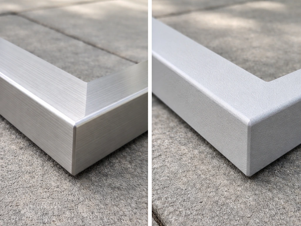 Closeup side-by-side of aluminum and powder-coated steel patio frame sections, showing rust-resistant surfaces.