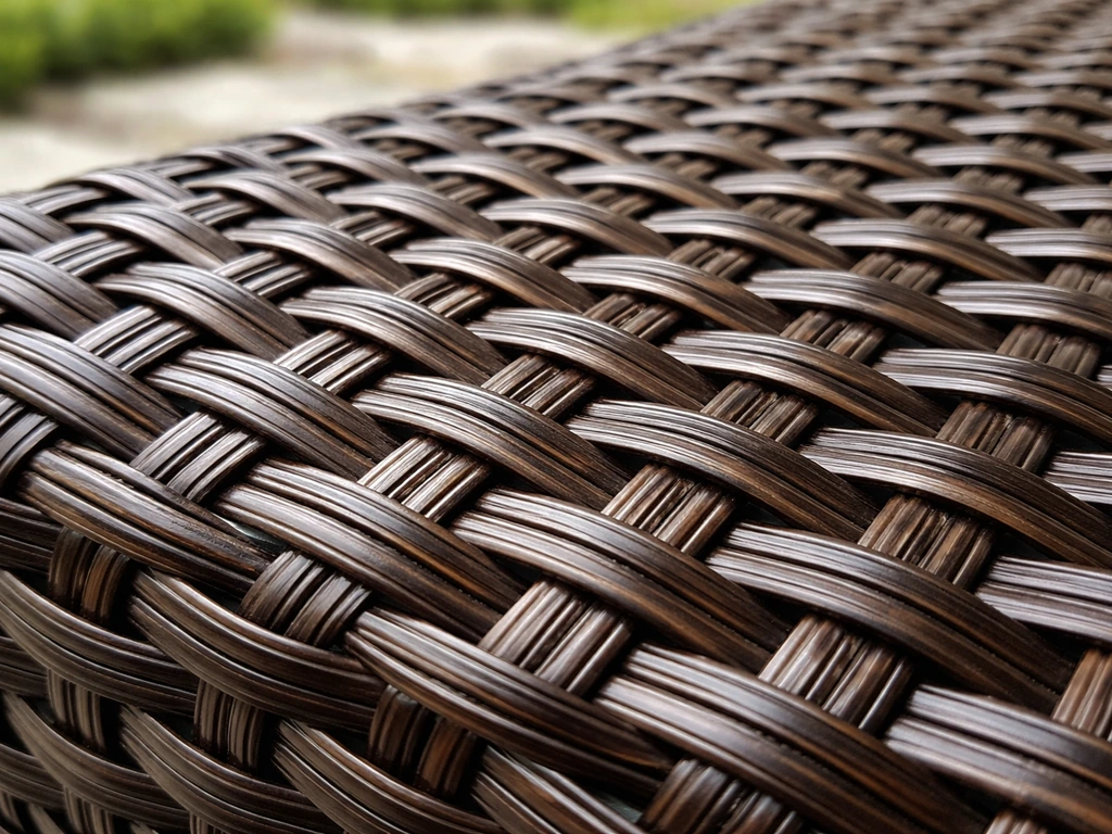 Close-up of synthetic resin wicker outdoor seating weave with a detailed crisscross pattern