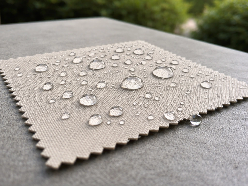 Close-up of outdoor cushion fabric with light rain droplets beading on the polyester surface.