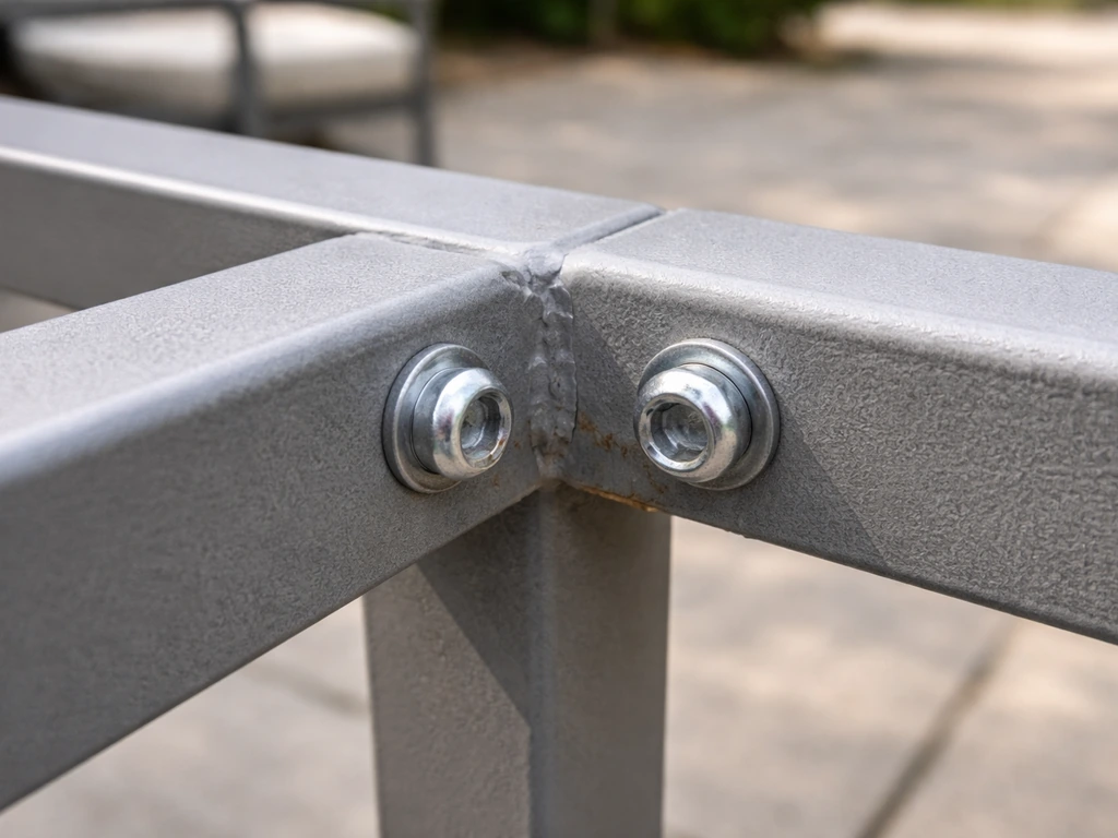 Close-up of an outdoor metal furniture frame joint with bolts, powder-coat edge wear, and corrosion risk spots.