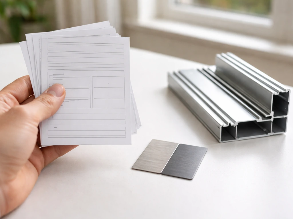 Close-up of a hand reviewing a window frame spec sheet and warranty card on a kitchen table.