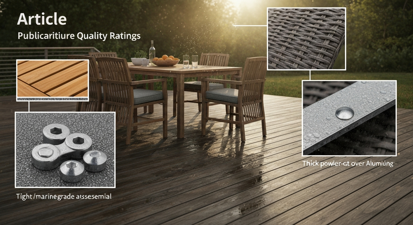 High-quality outdoor patio scene showing teak, cast aluminum, and synthetic wicker furniture with close-up detail of wood grain, welded aluminum joints, powder-coat finish, and stainless fasteners, set on a weathered deck under daylight.