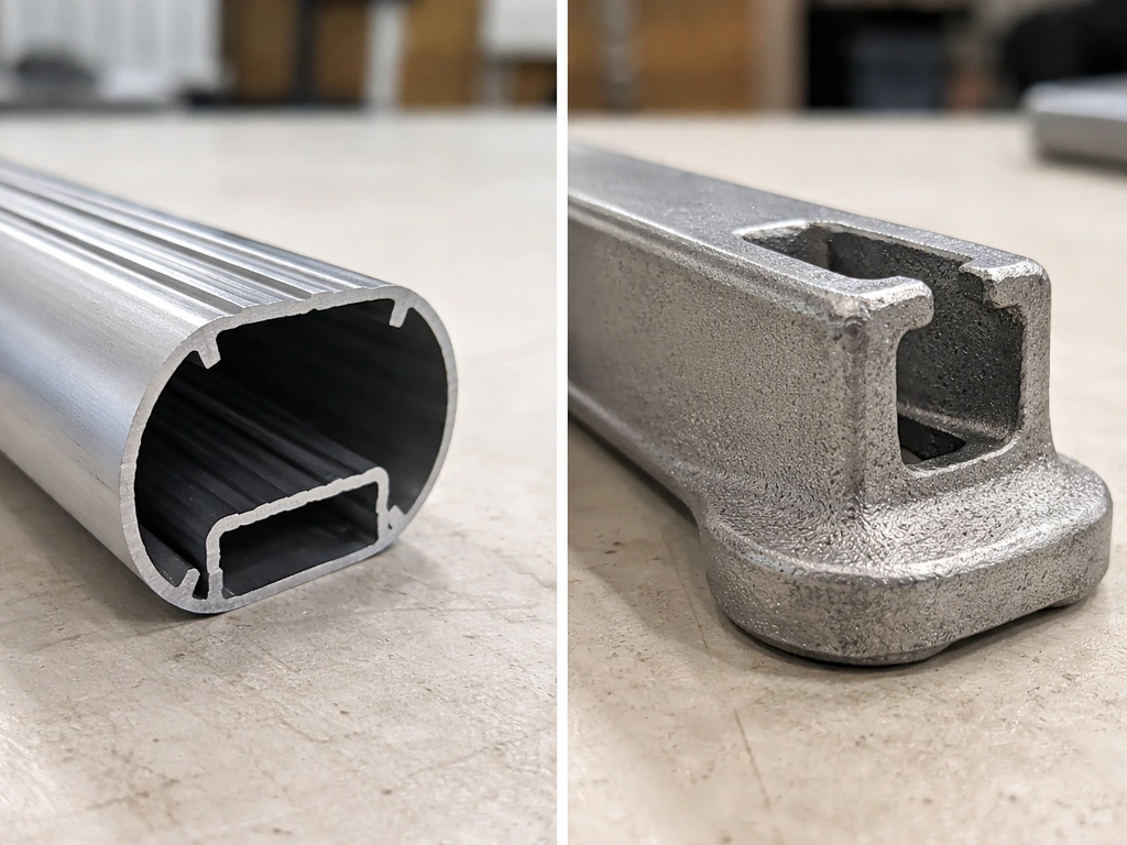 Close-up of extruded vs cast aluminum patio parts on a workbench, showing different textures.