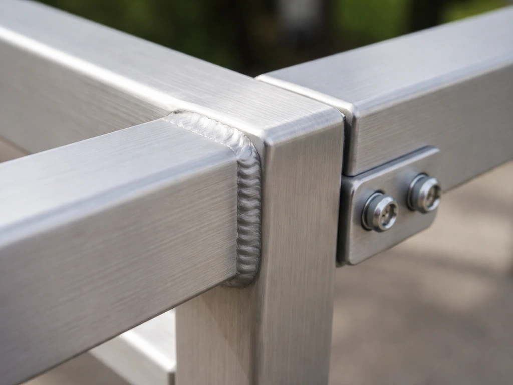 Close-up of smooth aluminum welds at a joint with nearby bolts and hinges on a patio furniture frame.