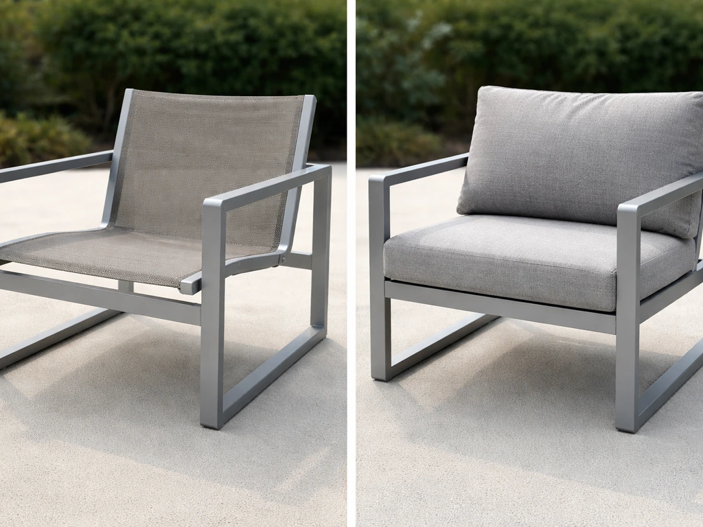 Side-by-side patio seating: taut sling fabric vs cushioned seat on aluminum frames, showing comfort and upkeep materials