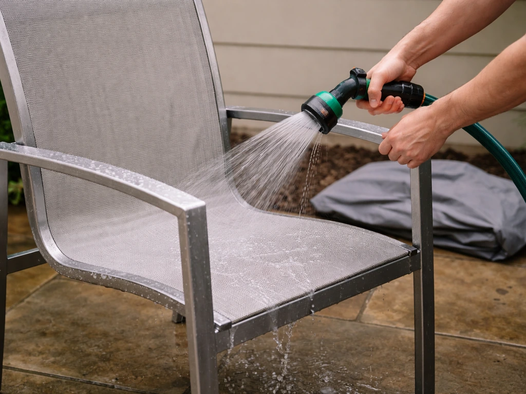 Hands rinse an aluminum patio chair with a hose while a protective cover sits nearby on the patio.
