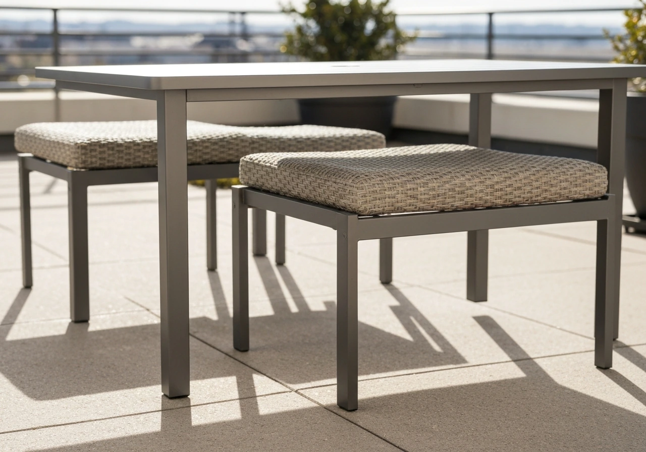 Well-built cheap quality patio set on an outdoor patio under daylight, powder-coated frame and woven resin cushions