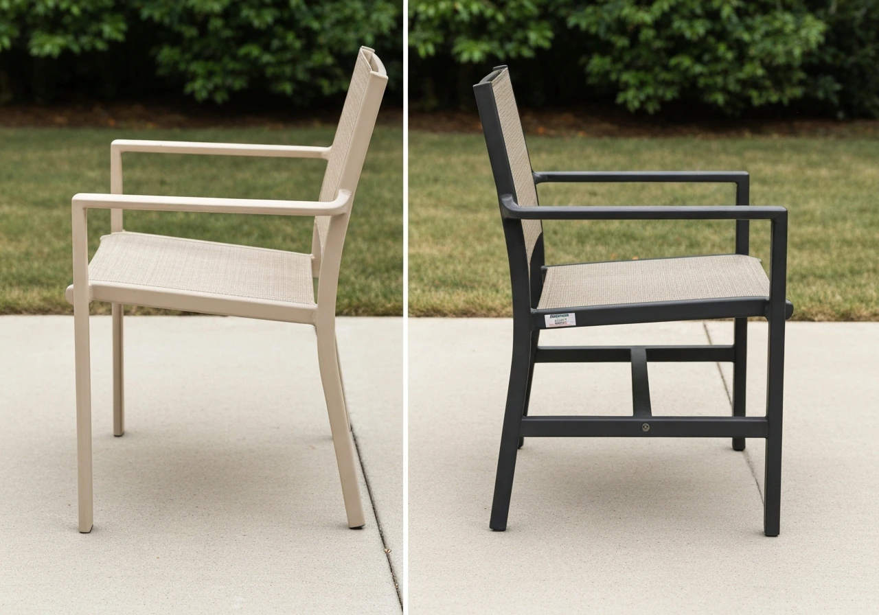 Two patio chairs side-by-side: a thin flimsy frame on one and a sturdier thicker frame on the other.