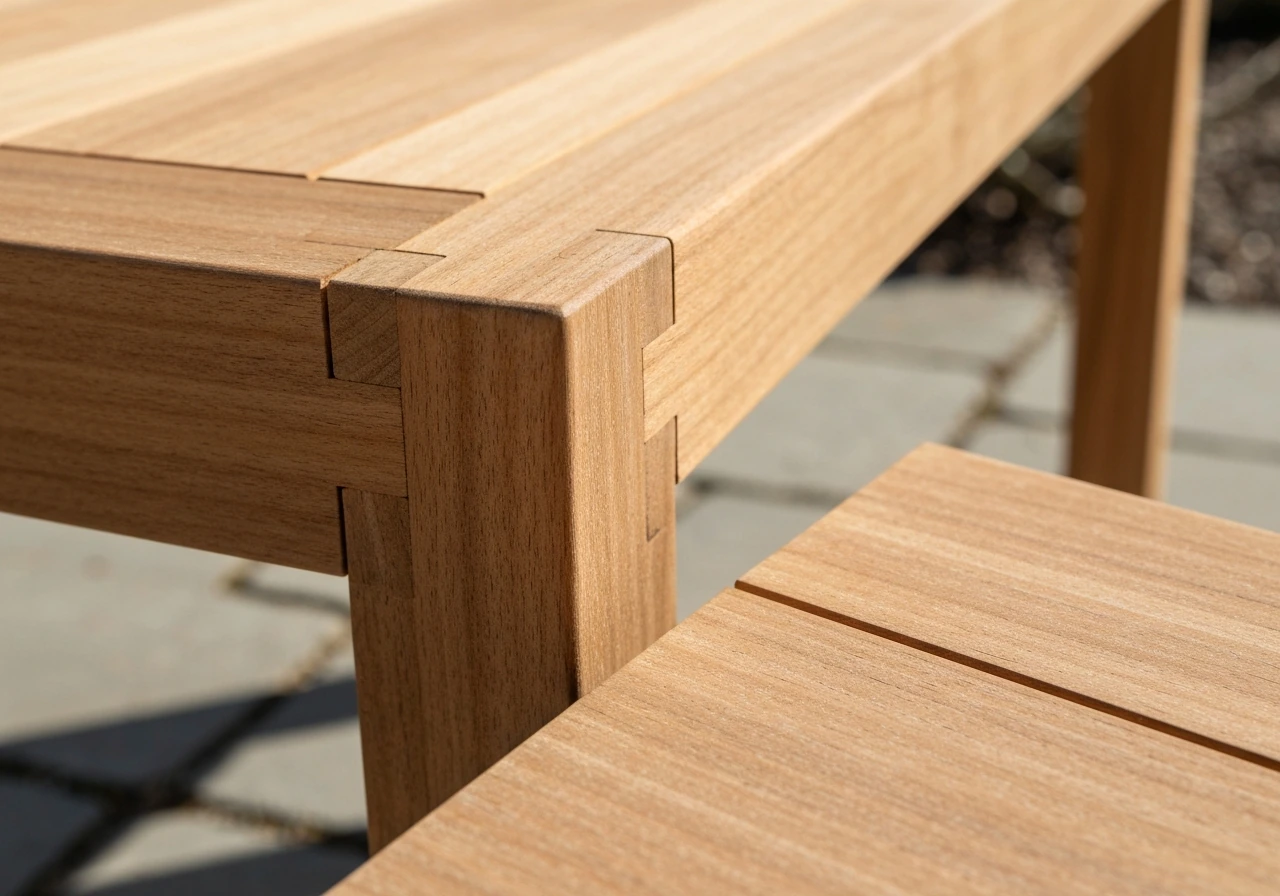 Close-up of weathered teak patio table joinery and grain with mortise-and-tenon craftsmanship