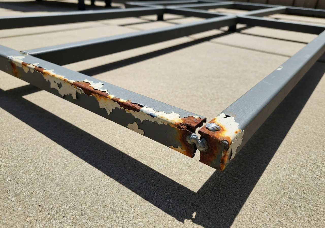 Close-up of a cheap patio metal furniture frame showing rust, peeling paint, and loose welds