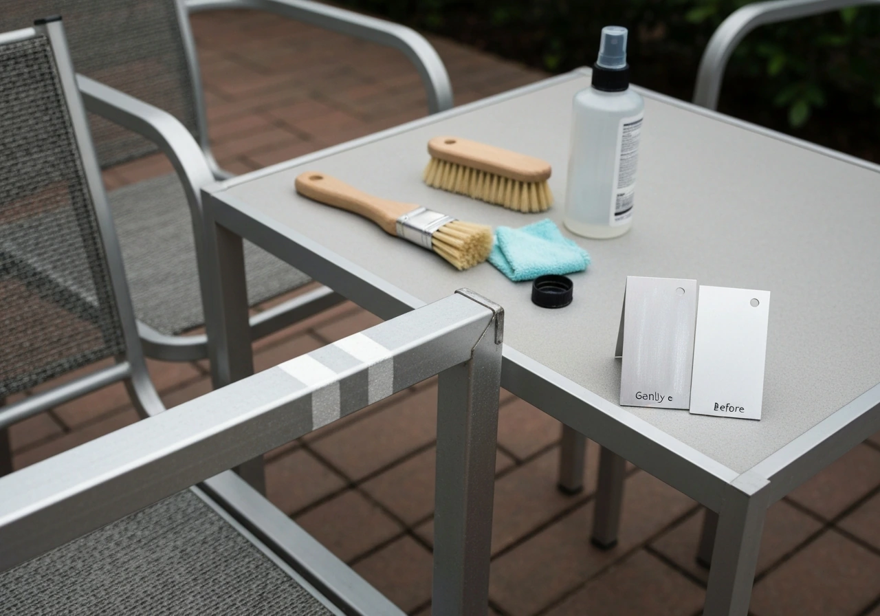 Outdoor patio aluminum chair frame with cleaning brush, microfiber cloth, and touch-up kit beside it.