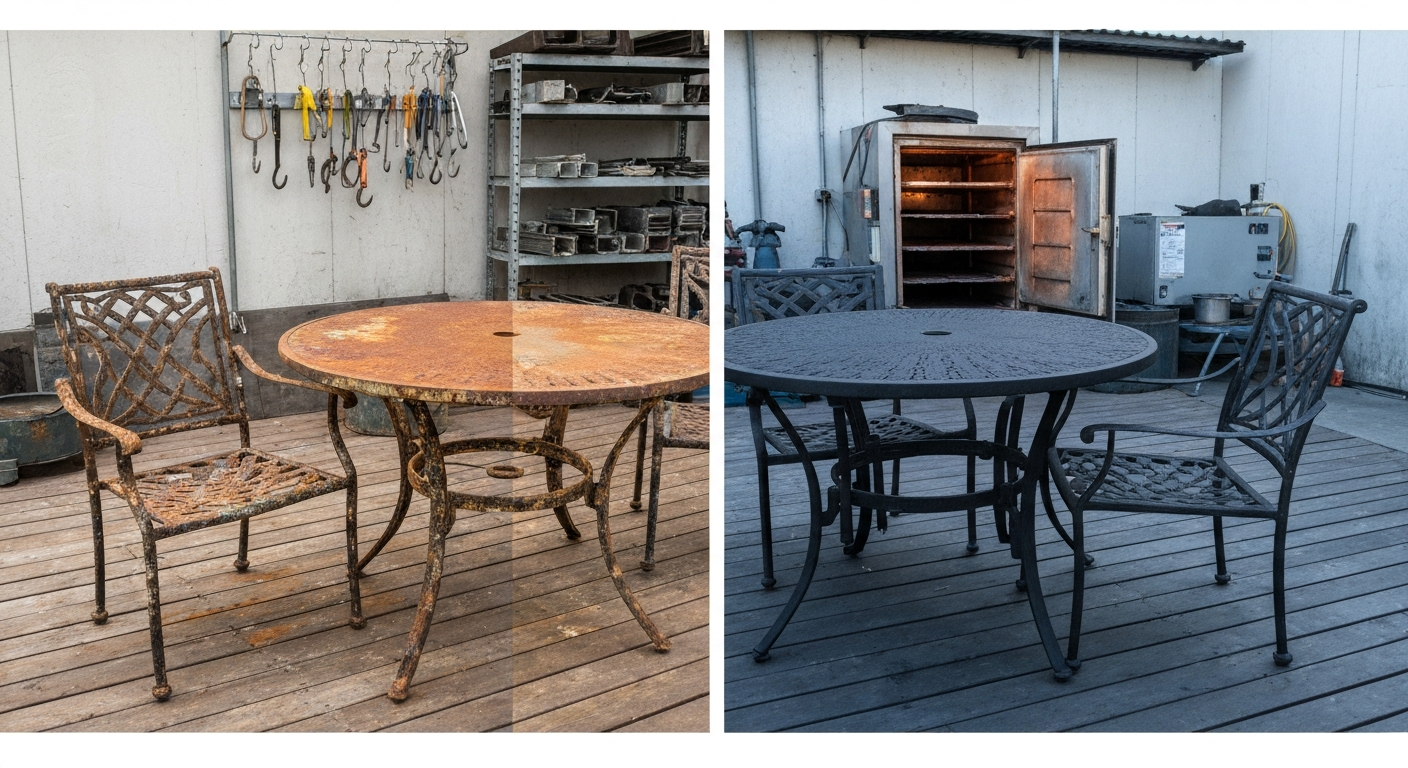 Split before-and-after view of a patio chair and table: left rusty and weathered, right freshly powder-coated satin black.
