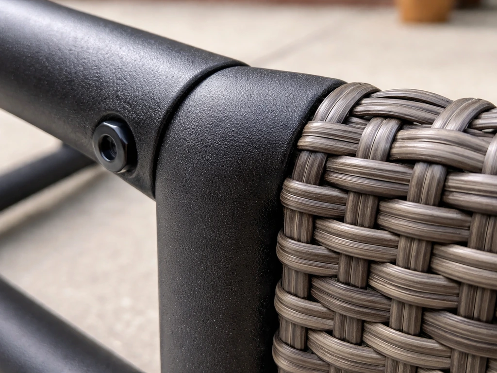 Close-up of powder-coated patio furniture frame hardware with PE-rattan texture nearby