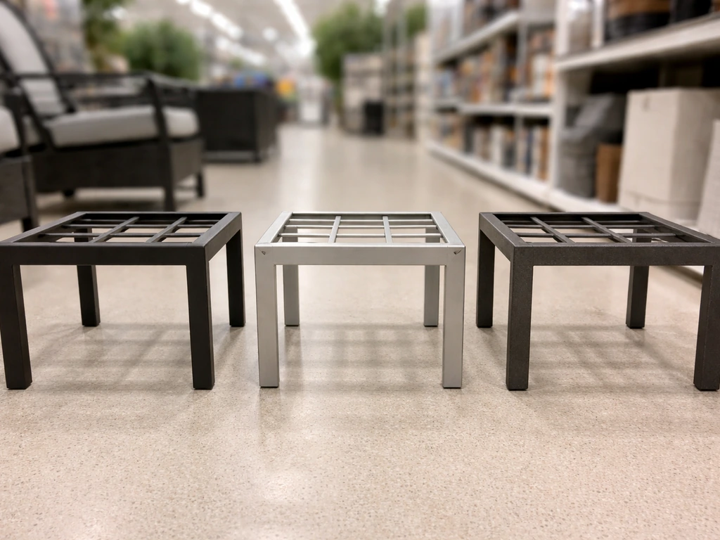 Three side-by-side patio furniture frame samples showing steel, aluminum, and iron finishes in a store aisle.