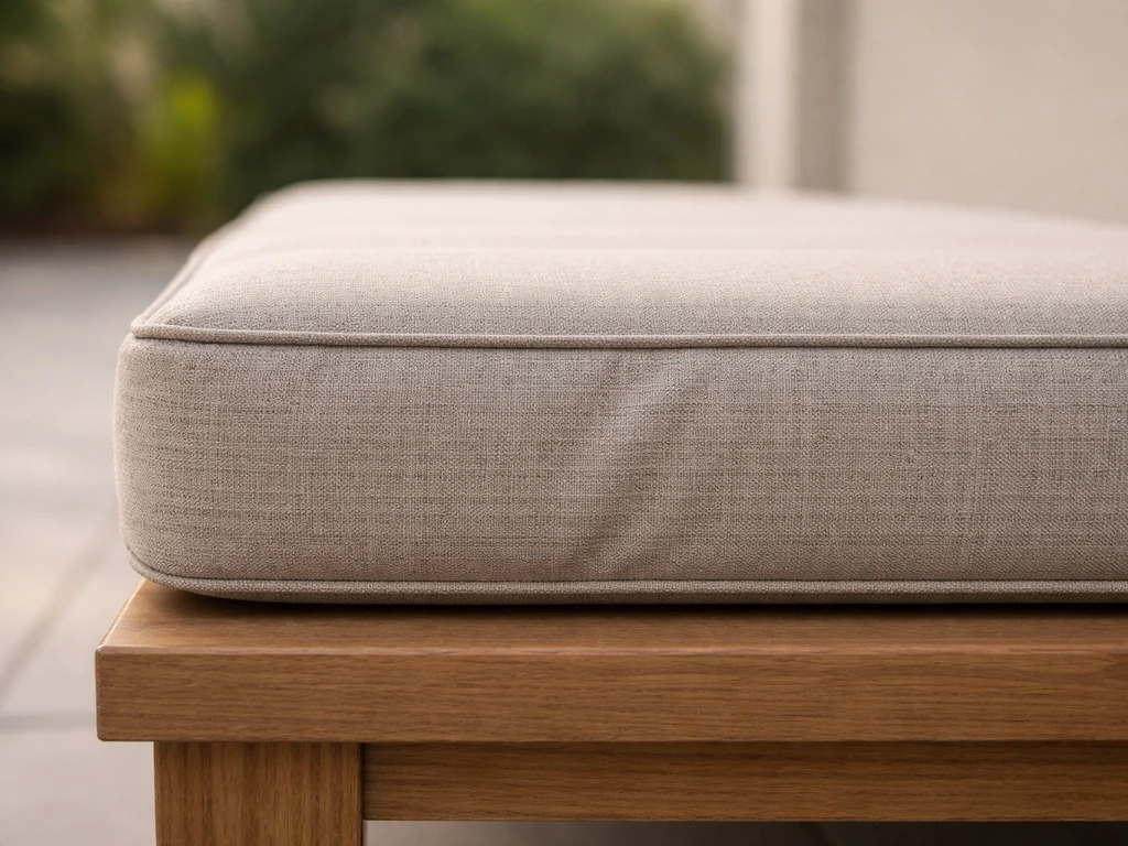 Close-up of outdoor patio cushion showing thick foam fill and textured fabric cover