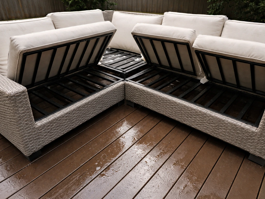 Patio furniture with cushions pulled back, showing damp pooled water under the metal frame.