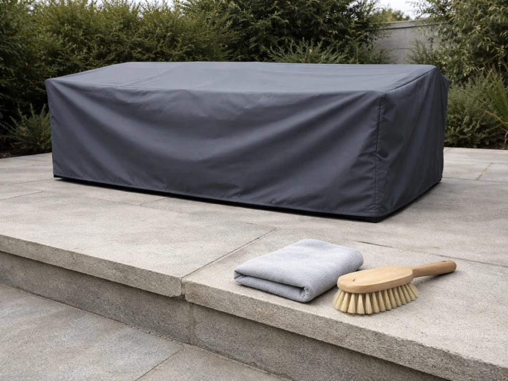 Outdoor PE rattan furniture covered with a fitted cover, with a soft cloth and brush nearby.