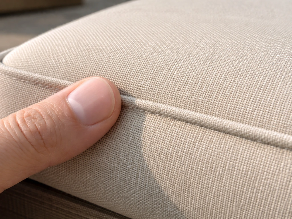 Close-up of outdoor cushion fabric texture with a thumb pressing a resilient finish area, no indent.