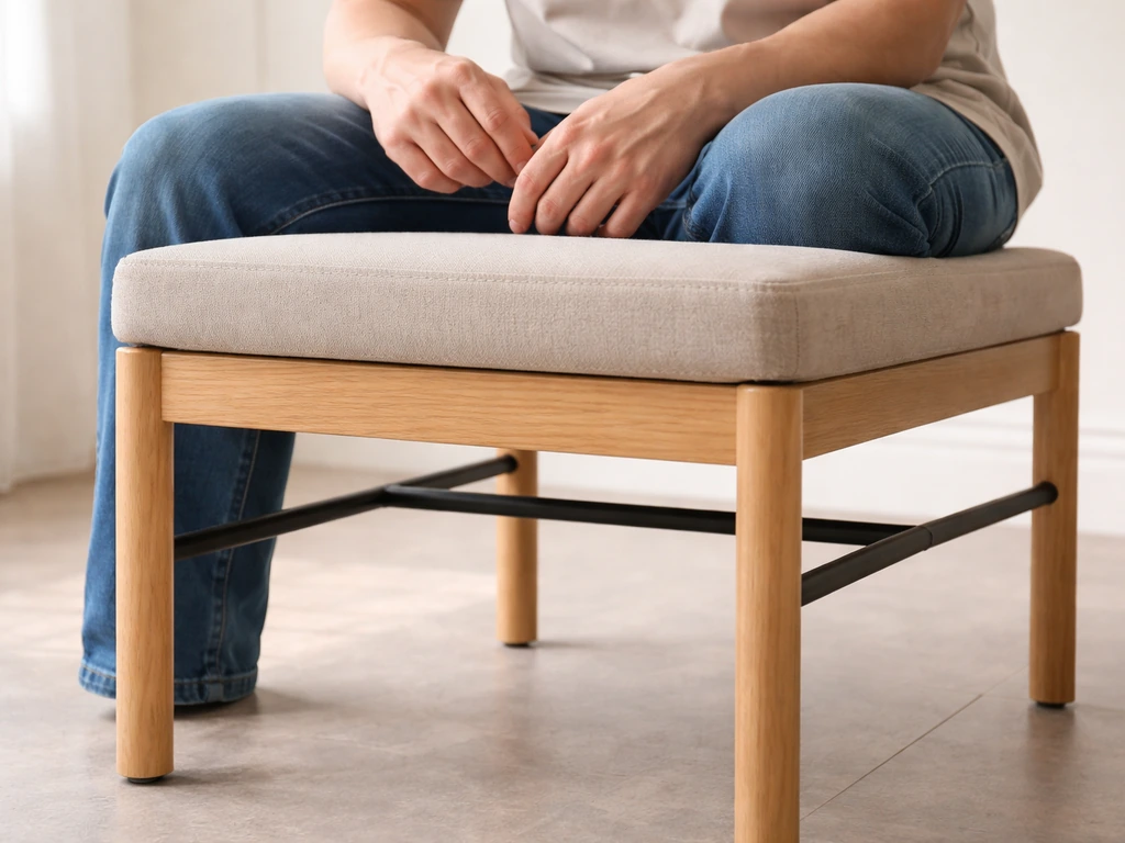 Person’s hands checking chair cushion corners and base stability from a sitting-on-frame view