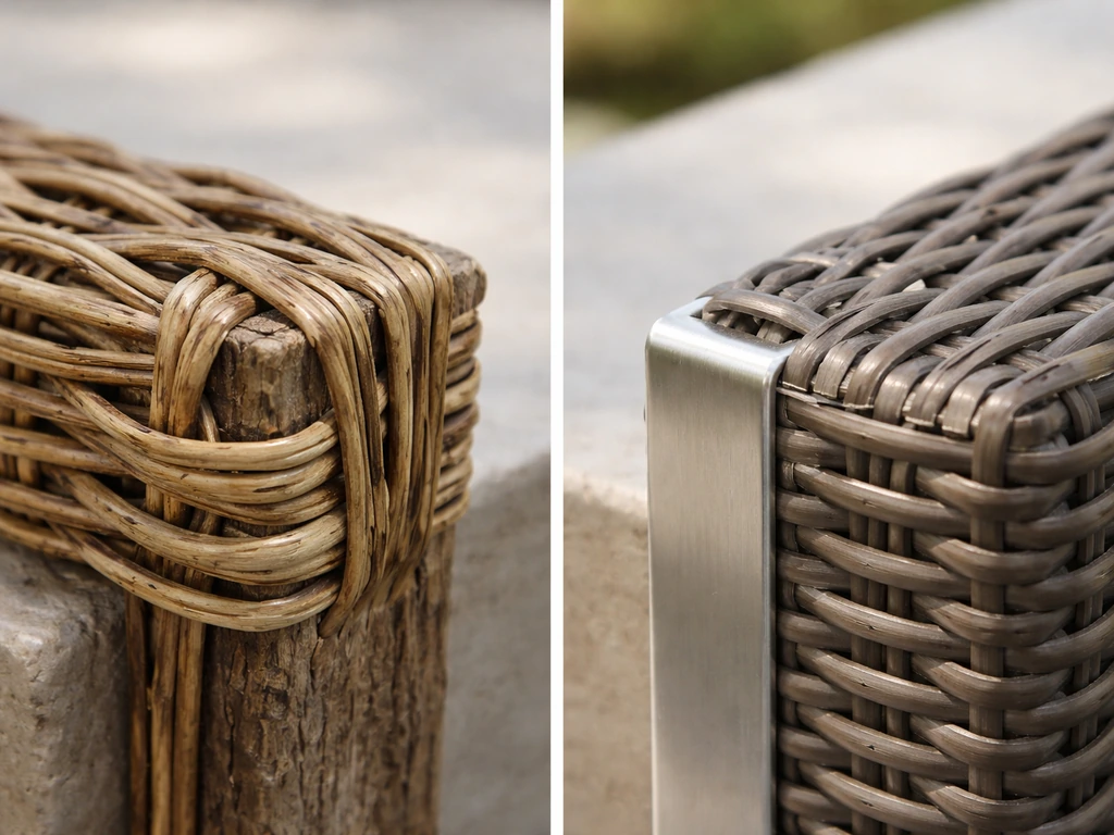 Close-up comparison of resin/PE wicker over aluminum frame versus natural wicker-like bundle outdoors.