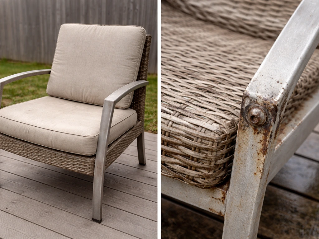 Minimal outdoor scene showing sun-faded furniture cushion and salt-air corrosion on nearby metal hardware