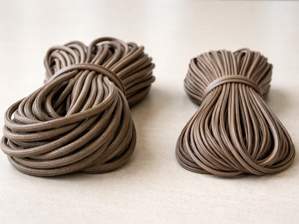 Side-by-side close-up of HDPE matte wicker strands versus thinner, glossier synthetic strands.