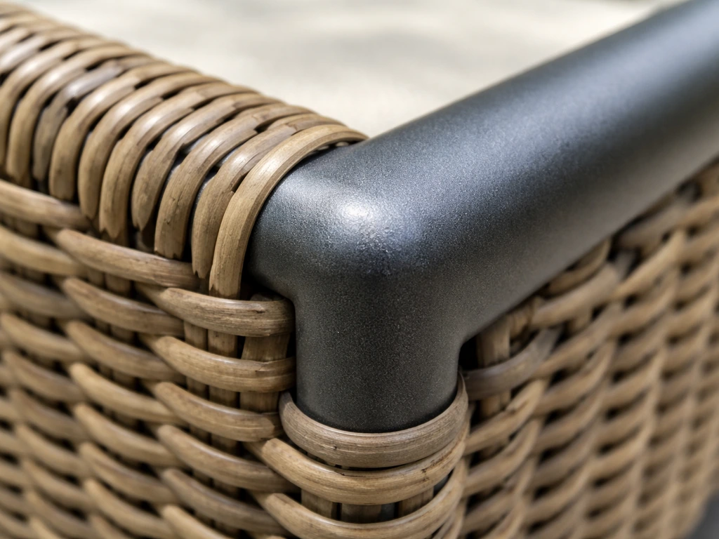 Close-up of powder-coated aluminum frame corner with wicker tightly wrapped at the joint
