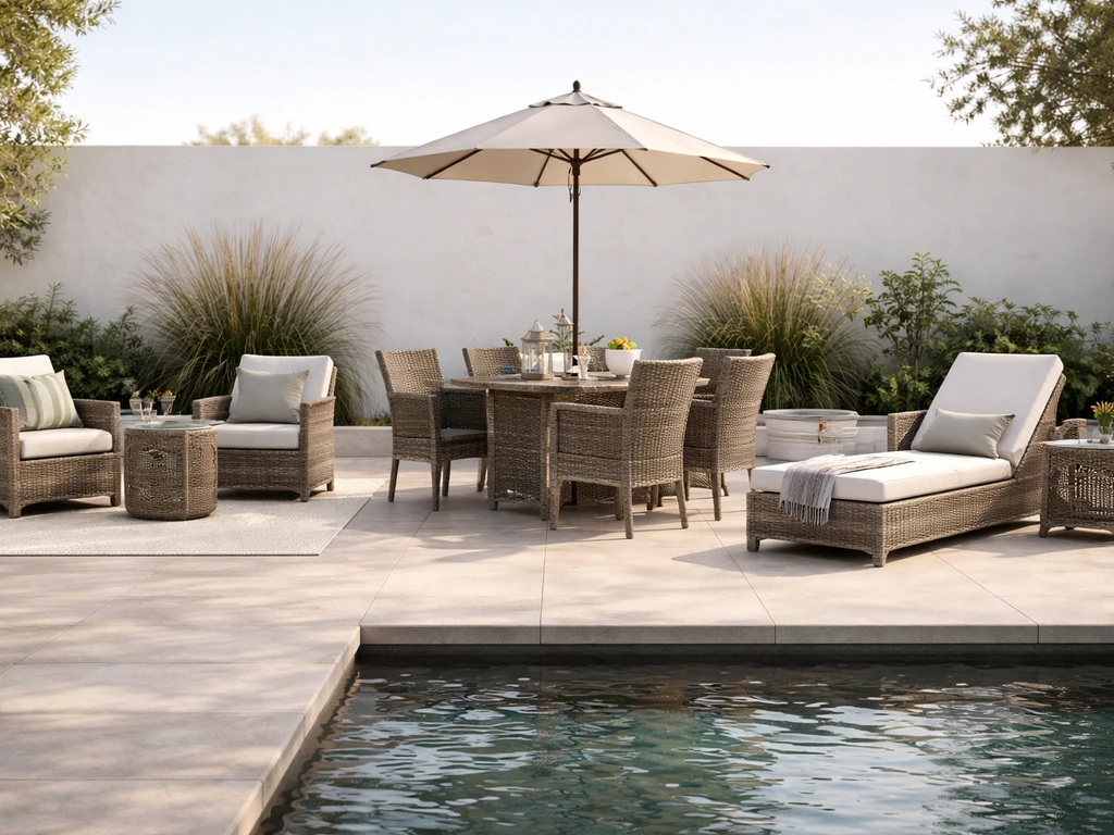 Three side-by-side patio scenes showing resin wicker conversation, dining, and chaise/poolside setups.