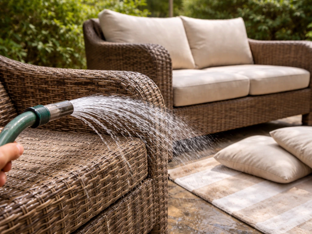 Resin wicker patio furniture gently rinsed and set to dry, showing water not forced into joints.