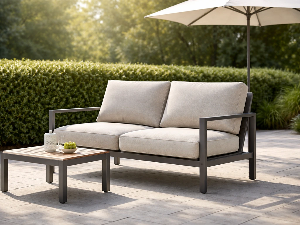Premium patio lounge set with weather-ready cushions on a clean stone patio in natural light.