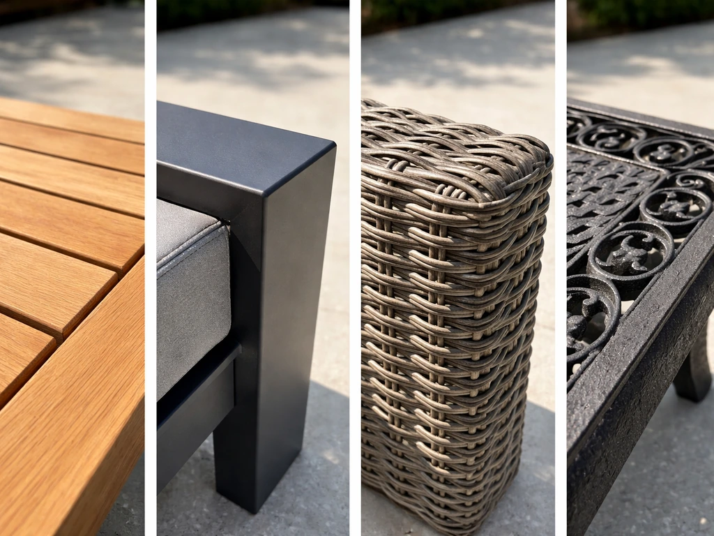 Patio materials side-by-side: teak slats, powder-coated aluminum frame, wicker weave, and cast iron piece.