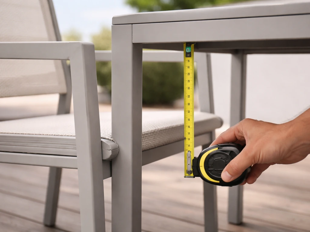 Close-up of someone measuring dining chair seat height with a tape measure beside an outdoor table.