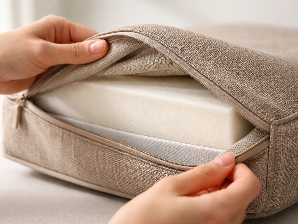 Close-up of outdoor cushion cover lifted to show solution-dyed fabric, foam core, and stitching seams.