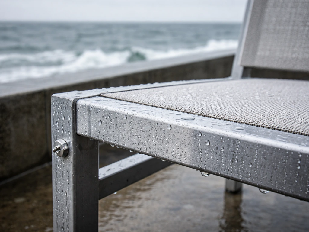 Patio aluminum furniture by the ocean with stainless fasteners in a salt-spray wet environment