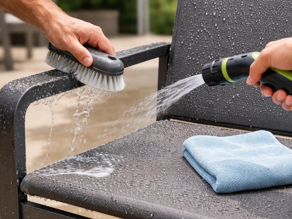 Hand brushing and rinsing powder-coated aluminum patio furniture, then drying with a soft cloth.