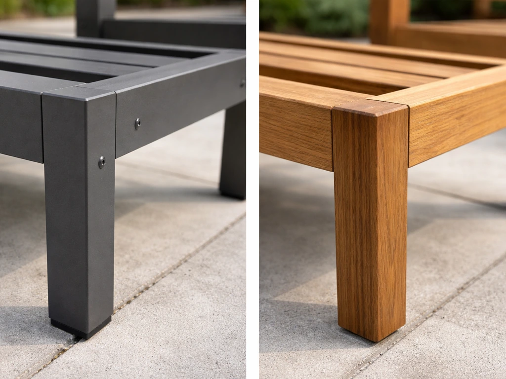 Close-up side-by-side aluminum and teak patio furniture frames showing finish and joinery differences.